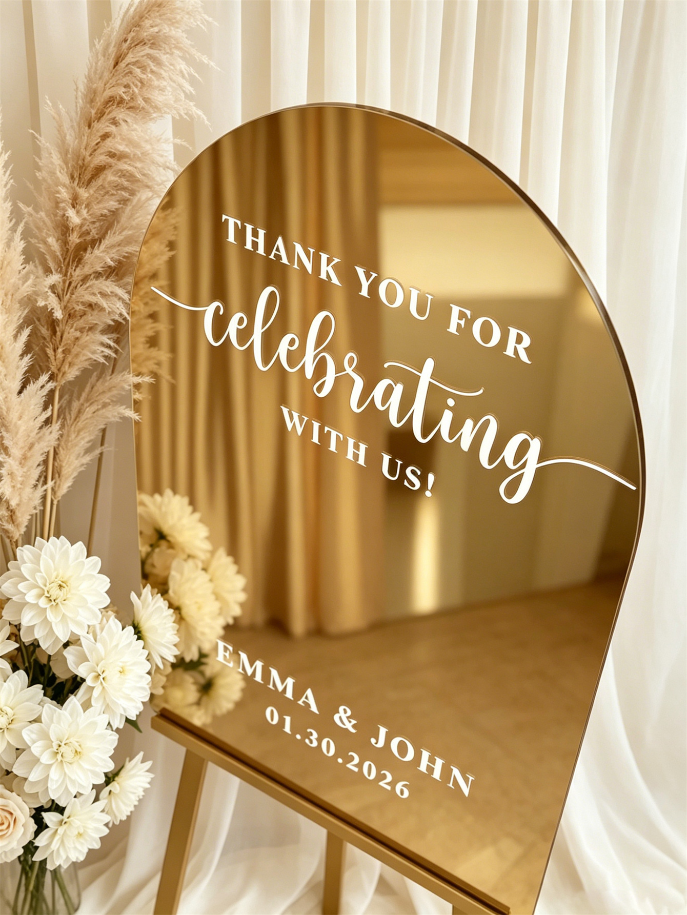 Mirror acrylic welcome signs, golden mirror wedding direction signs, custom wedding direction signs, ceremony welcome signs
